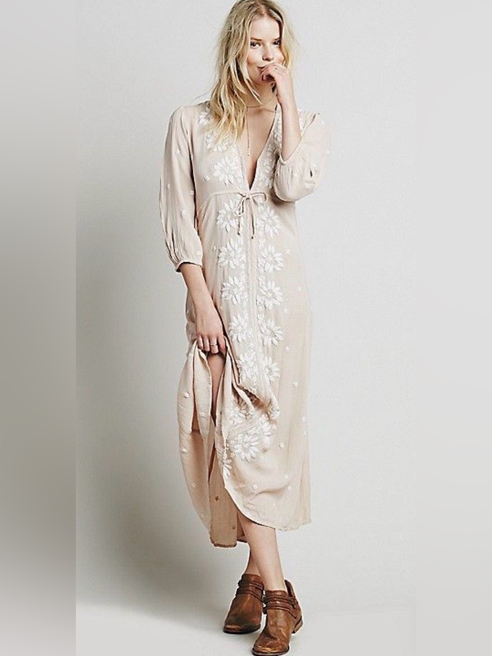 Free People Embroidered Fable Midi Dress in Antique Peach Combo - Size Medium